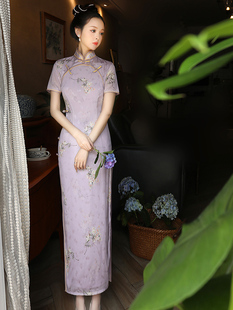 改良年轻款 民族风连衣裙 女夏季 少女日常可穿长款 紫色旗袍2024新款