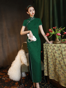 高端气质民国老上海连衣裙 改良复古中国风长款 绿色旗袍2023年新款