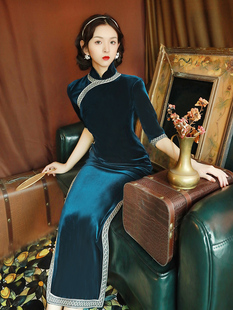 丝绒旗袍年轻款 少女改良版 长款 气质优雅复古名媛中国风连衣裙秋季