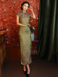 日常长款 连衣裙 2024新款 女改良新中式 绿色旗袍新款 高贵民国风女装