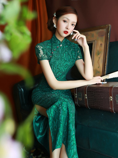 绿色蕾丝旗袍2022年新款 年轻款 少女复古中国风日常连衣裙 改良长款