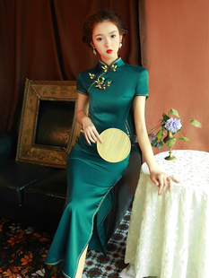 绿色旗袍2022年轻款 日常生活装 连衣裙夏 少女复古老上海中国风长款