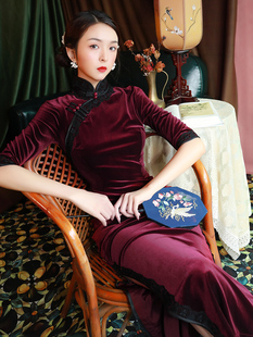 女复古中国风改良版 连衣裙女秋 气质长款 中袖 酒红色旗袍2021年新款