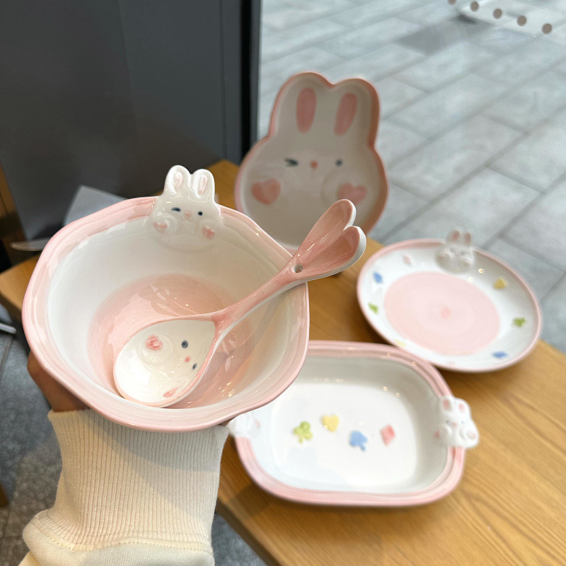 可爱卡通兔子陶瓷釉下彩家用5英寸米饭碗女高颜值儿童早餐具 韩式