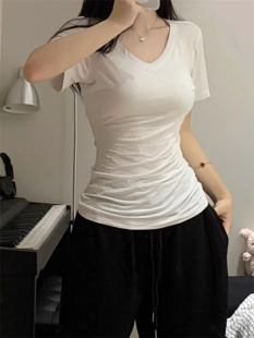 白色纯欲风辣妹性感V领短袖 修身 中长款 显瘦收腰打底上衣 T恤女夏季