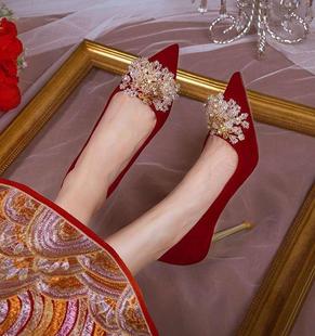 新娘鞋 春女2024新款 秀禾服结婚鞋 婚鞋 红色细高跟鞋 不累脚敬酒中式