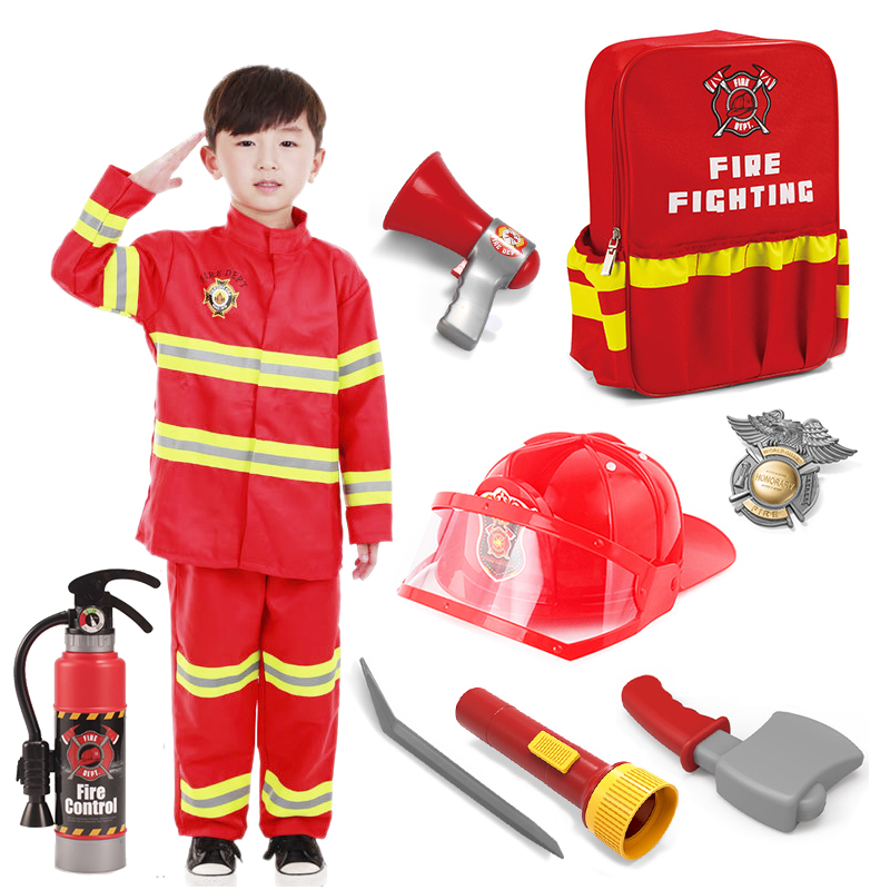 备帽马甲灭火器套装 儿童消防员玩具角色扮演幼儿园演出衣服背包装