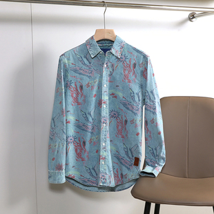 仅20件 休闲牛仔衬衫 西欧高端天鹅彩绘印花情侣时尚 外套 139欧
