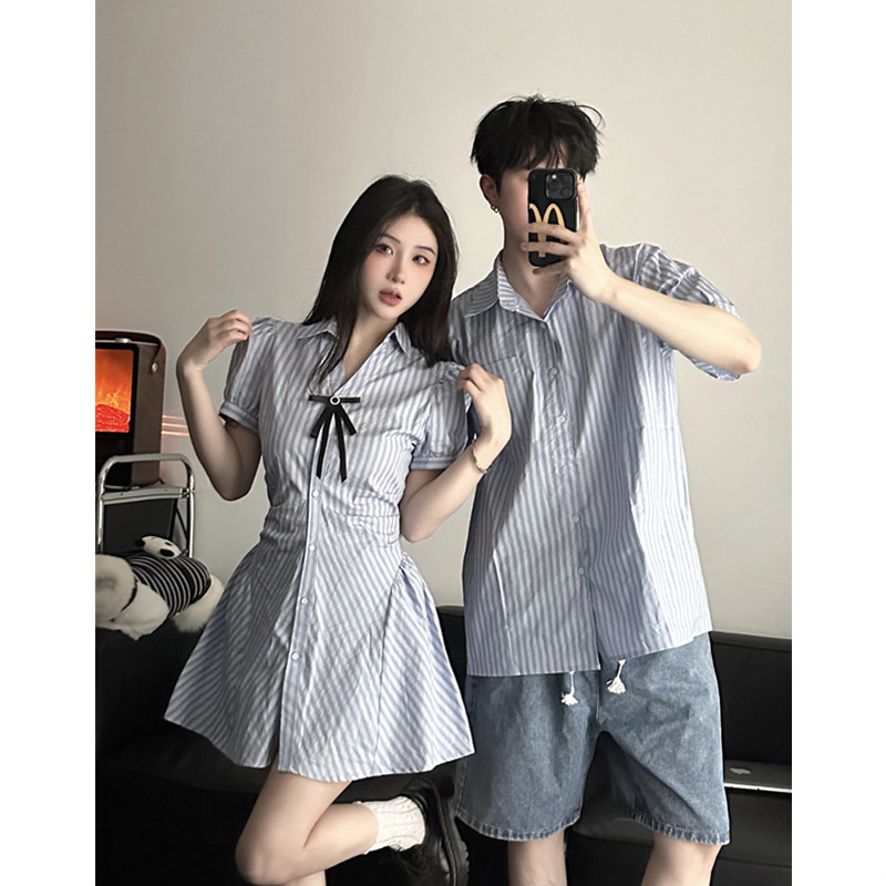 短袖 小众设计感情侣装 一裙一衣ins潮 衬衫 夏季 男女连衣裙法式 韩版