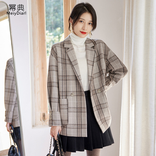小个子 毛呢西装 外套女韩版 宽松休闲格子大衣女短款 新款 2023年冬季