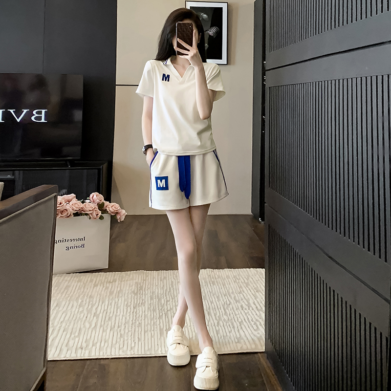 韩版 高级感时尚 两件套 宽松洋气减龄短袖 休闲运动服套装 短裤 女夏季