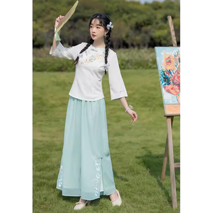 新中式 国风汉服少女年轻款 刺绣改良旗袍上衣半身裙茶艺服两件套装