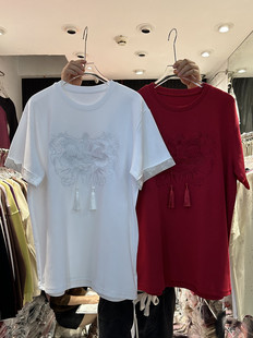 中式 重工刺绣设计感中长款 女欧货春季 洋气宽松上衣 风拼接T恤短袖
