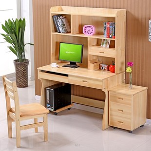 实木家用卧室台式 电脑桌松木书桌书架组合一体桌学生写字桌写字台