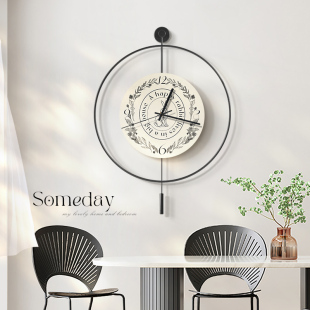 高级感餐厅背景墙挂钟创意黑白线条餐桌钟表挂墙家用静音时钟 法式