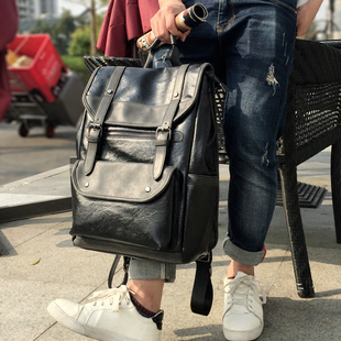 双肩包男休闲韩版 男士 潮流真皮电脑高中大学生书包 背包旅行包时尚