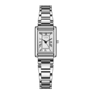 男国产腕表 复古轻奢长方形银壳银石英钢带气质手表女士时尚 歌迪