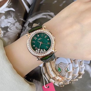 石英真皮国产腕表 镶钻绿色皮带手表复古女士表皮表带气质韩版 时尚