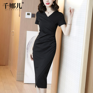 黑色长裙连衣裙女夏季 2024新款 显瘦气质裙子 优雅高端V领收腰修身