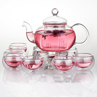 耐热玻璃茶壶 600ML茶壶无孔双层玻璃杯 包邮 玻璃茶具8件套装 特价