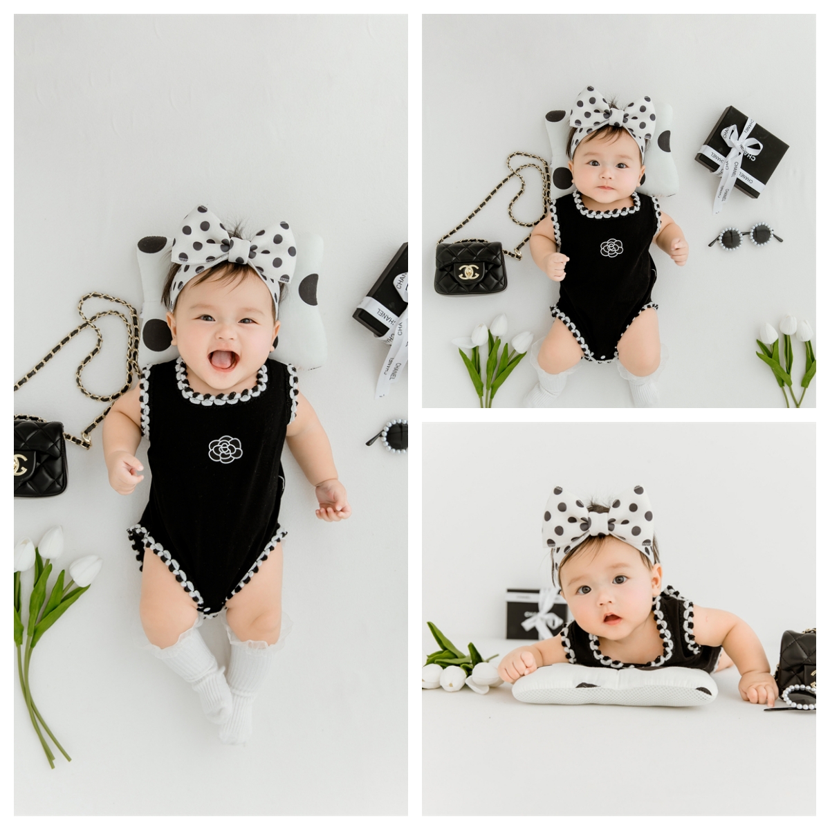 新款 百天女宝摄影服装 黑色连体衣 婴儿拍照衣服香奈奈造型同款