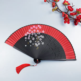古风古典可跳舞蹈工艺手绘喷绘扇子 夏季 大红色扇子折扇中国风女式