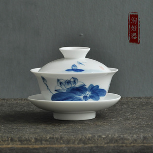 景德镇手绘青花泡茶三才盖碗茶杯茶具套装 复古大号白瓷功夫陶瓷碗