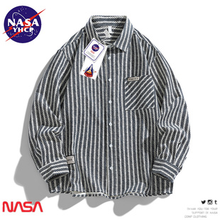 NASA联名日系复古条纹长袖 衬衫 潮牌休闲宽松情侣衬衣外套 男春秋季