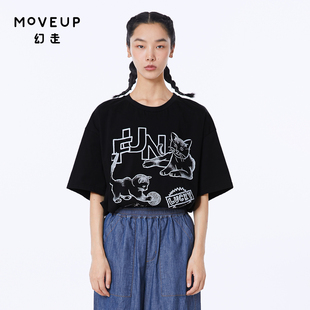 MOVEUP幻走2023夏季 圆领猫咪印花设计师中长款 .FUN系列 T恤女 新款