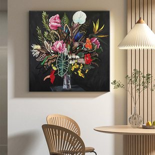 饰画轻奢手绘油画高端高级感玄关挂画 北欧复古黑色植物花卉客厅装