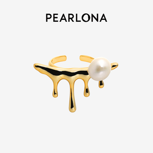 饰品 PEARLONA原创开口戒指巴洛克珍珠金色指环女小众设计水形个性