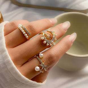 3件套镶钻星月牙戒指套装 欧美夏季 旅拍网红气质指环组合 新潮个性