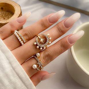 3件套镶钻星月牙戒指套装 欧美夏季 旅拍网红气质指环组合 新潮个性