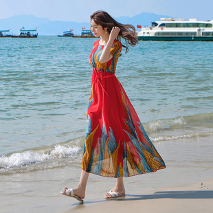长裙超仙民族风气质显瘦海边度假沙滩裙 女装 雪纺连衣裙2023新款