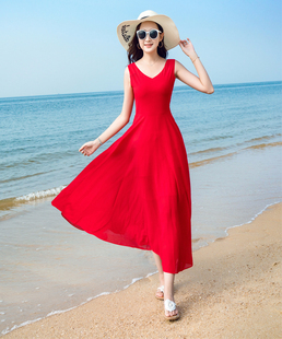 雪纺连衣裙2023夏季 无袖 海边度假沙滩裙气质 波西米亚长裙优雅时尚