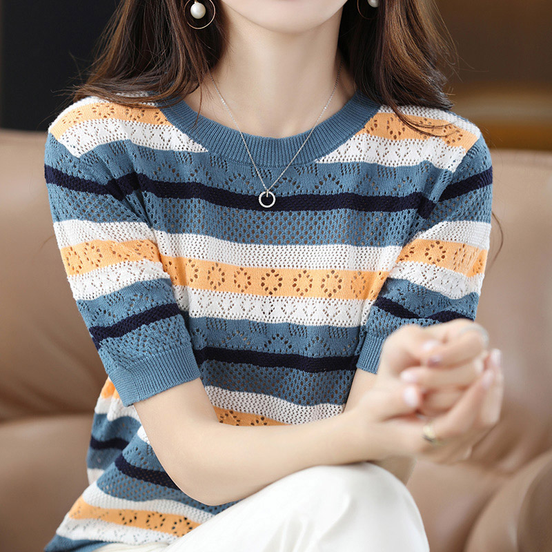 休闲百搭冰丝镂空撞色条纹圆领t恤女 夏季 韩版 气质时尚 针织衫 短袖