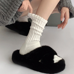长筒袜 堆堆袜白色纯棉中筒袜搭配鲨鱼裤 日系粗线肌理袜子女秋冬款