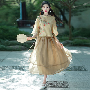 夏 民国改良旗袍裙中国风少女学生小个子超仙禅意茶艺服套装 新中式