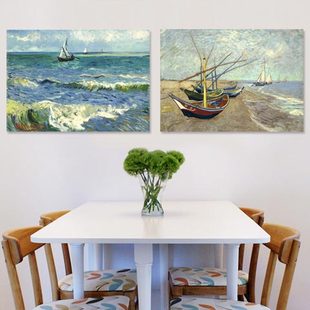 饰画精品油画kaws挂画 渔船 欧式 无框画简约客厅装 沙滩上 梵高