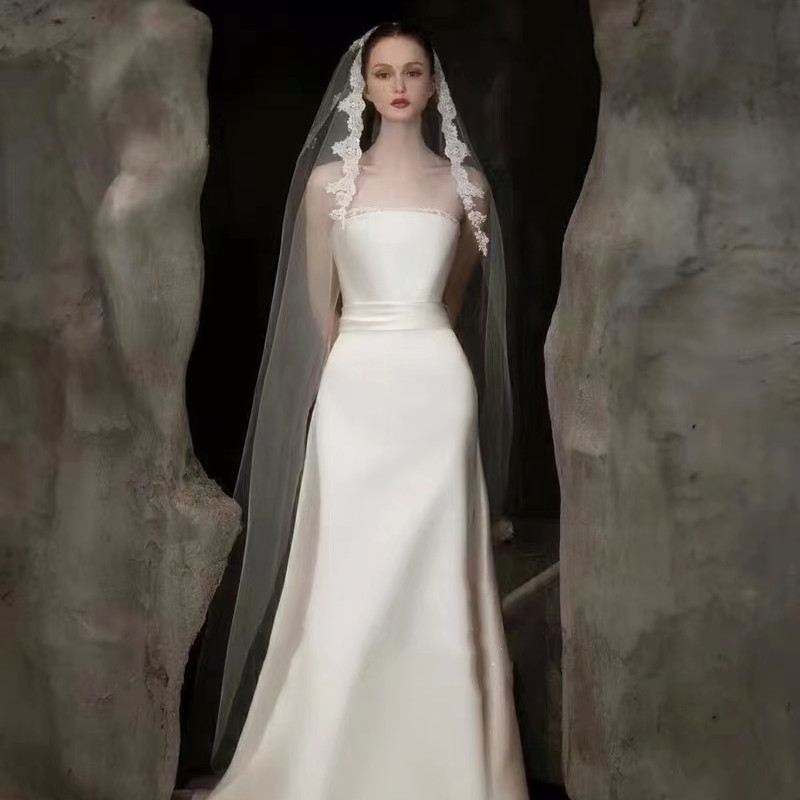 外贸品质珍珠蕾丝头纱新娘婚礼婚纱头纱化妆师造型高级感拖地头纱
