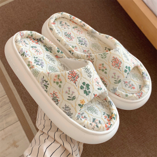 素色亚麻布拖鞋 细细条 秋 女四季 日式 通用防滑软底地板鞋 居家时尚