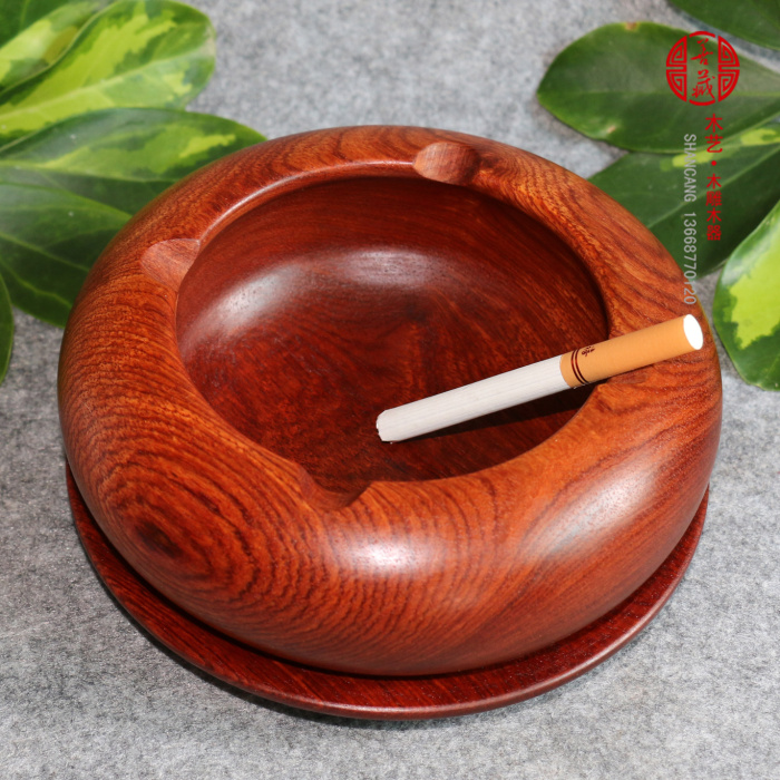 红木工艺品烟灰缸大果紫檀缅甸花梨木烟具圆形整木实木雕摆件特色