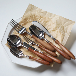 牛排刀叉勺子甜品勺实木柄高颜值餐具 复古不锈钢西餐刀叉套装 法式