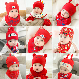宝宝过年大红色喜庆拜年帽子三角巾套装 新生婴儿春秋可爱胎帽薄款