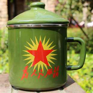 特厚军绿杯铁杯部队情怀复古带盖茶杯 怀旧搪瓷杯大茶缸子经典 老式