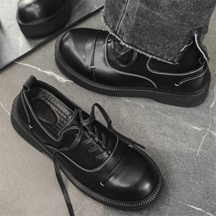 韩版 大头德比鞋 黑色小众设计白线男士 通勤百搭青年厚底休闲小皮鞋