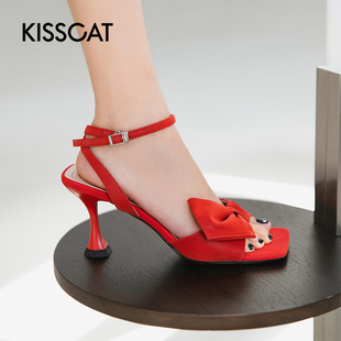 KISSCAT 女KA21320 高跟蝴蝶结甜美一字扣带凉鞋 接吻猫羊皮时尚