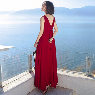 拍照红色连衣裙沙滩裙沙漠长裙茶卡盐湖青海湖旅游长裙子 超仙大码
