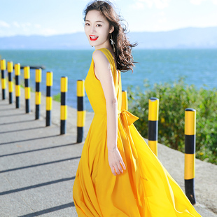 2024夏季 新款 海边度假沙滩裙黄色复古雪纺连衣裙波西米亚长裙 女装