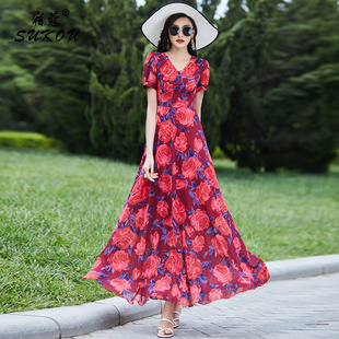 红色时尚 韩版 2024新款 收腰显瘦气质大花朵雪纺长裙 减龄连衣裙夏季